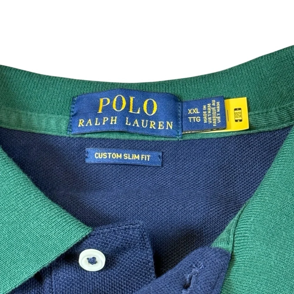 Polo Ralph Lauren XXL Custom Slim Fit Navy Big Pony Green Contrast Mesh Polo